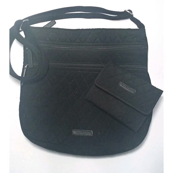 Vera Bradley Black Quilted Crossbody Bag & ID Holder Wallet 12"x11" - Picture 1 of 6